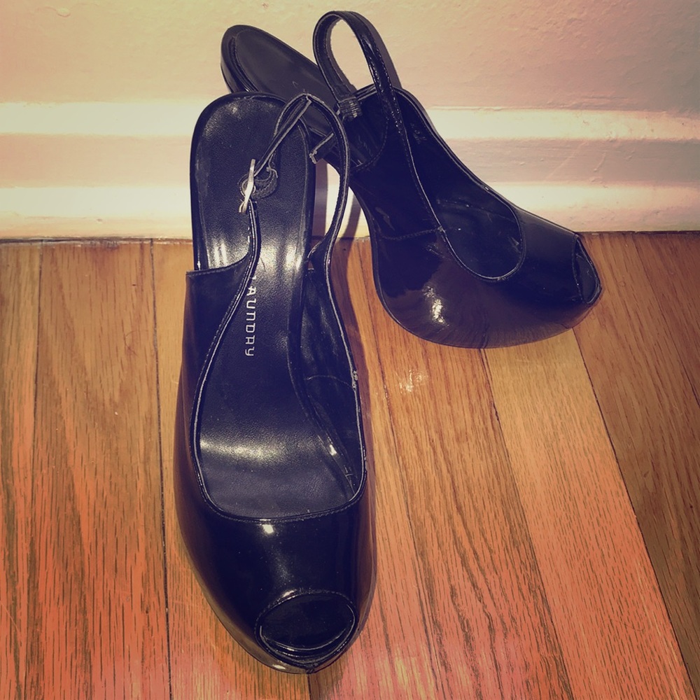 Black Patent Leather Peep Toe Heels